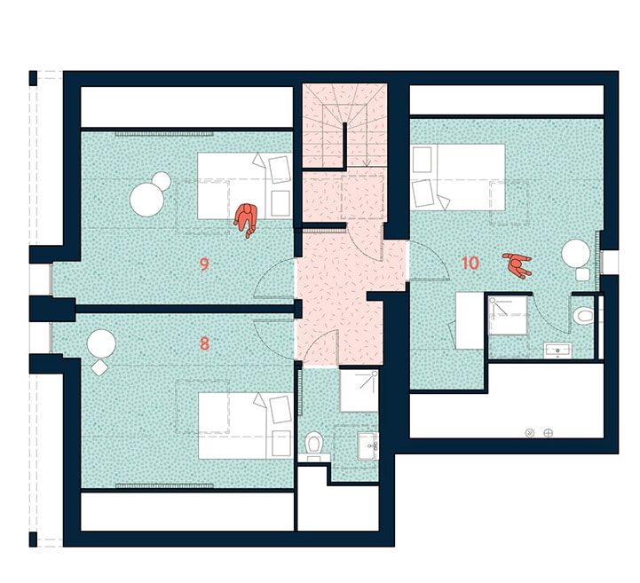Plan d'étage d'un "coliving"... Pas de kitchnette, une salle de bain à se partager
