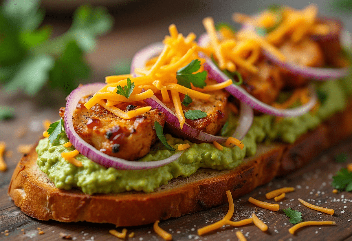 Recette de tartine Tex-Mex au guacamole et poulet épicé